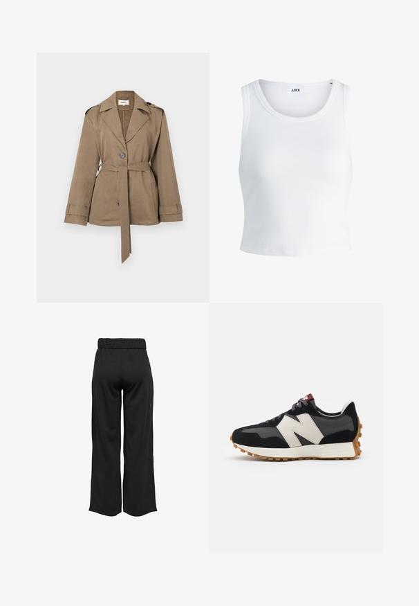 Bruine ceintuurjack met een geknipte kraag, knoopsluiting en lange mouwen. Gemaakt van een soepele, lichte stof. Geschikt voor het dragen in lagen.; Witte geribbelde tanktop met een ronde hals, zonder mouwen en een cropped lengte. Label draagt "JJXX." Gladde stoftextuur.; Zwarte, wijde broek met een elastische tailleband, gemaakt van gladde stof. Heeft een strakke uitstraling zonder zakken of zichtbare stikseldetails.; Zwarte en grijze suède sneaker met een groot crèmekleurig "N"-logo, paarse veters en een gestructureerde rubberen zool van gum.