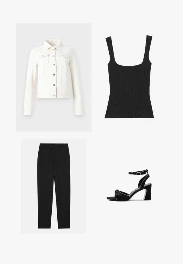 Hvit denimjakke med lange ermer, spiss krage, sølvfargede knappelukkinger og to brystlommer. Har en tettsittende silhuett og flate sømmer.; Svart ribbet tanktopp med firkantet utringning og smale, justerbare stropper. Stoffet har et teksturert mønster og en tettsittende design.; Sorte bukser med skreddersydd design, med sidelommer og rett ben. Laget av glatt, lett stoff med en elegant finish.; Sorte semskede hælede sandaler med en bred blokhæle, justerbar ankelrem, åben tå-design og kontrastsyede detaljer.