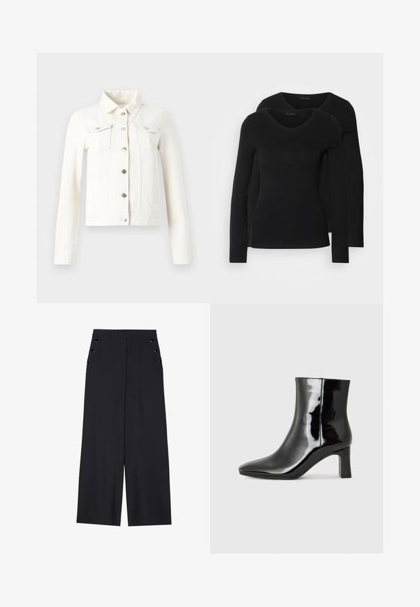 Biela deninová bunda s dlhými rukávmi, špicatým golierom, striebornými gombíkmi a dvoma náprsními vreckami. Má priliehavý strih a ploché švy.; Dvoje čiernych košieľ s dlhým rukávom a výstrihom do V, vyrobených z mäkkej a elastickej látky, s jemnou textúrou a priliehavým strihom.; Široké nohavice z tmavomodrého materiálu s hladkou textúrou, prednými skladmi a ozdobnými zlatými očkami na bočných vreckách.; Čierne lakované členkové topánky s špicatou špičkou a stredne vysokým blokovým podpätkom. Hladká textúra a minimalistický dizajn.