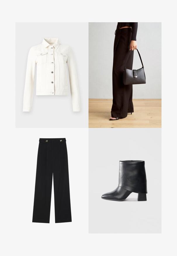 Hvit denimjakke med lange ermer, spiss krage, sølvfargede knappelukkinger og to brystlommer. Har en tettsittende silhuett og flate sømmer.; Svart langermet topp med utsvingte mansjetter, myk tekstur og avslappet passform, med enkel rund hals.; Svart vide bukser med høy midje, knappdetaljer på midjebåndet og frontplisser.; Sorte lær ankle boot med spiss tå, glatt tekstur og en strukturert blokkhæl. Har et høyt, brettet mansjett-design.; Svart håndveske med strukturert form, jevn tekstur og metallisk lås. Kombinert med brede svarte bukser og sandaler med åpen tå på tregulv.