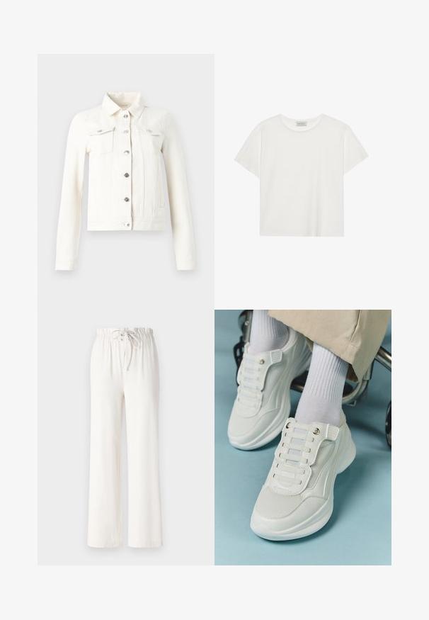 Hvit denimjakke med lange ermer, spiss krage, sølvfargede knappelukkinger og to brystlommer. Har en tettsittende silhuett og flate sømmer.; Hvit T-skjorte med kort erm laget av myk bomull. Har rund hals og avslappet passform. Rent design uten synlige mønstre eller aksenter.; Hvite vide bukser laget av myk stoff, med snor i livet og jevn tekstur. Ingen mønstre eller dekorasjoner synlige.; Hvite sneakers med mesh-materiale, gummisåle, snøret design uten laces og elastiske bånd, samt gulltone detaljer.