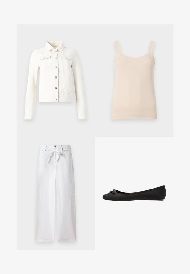 Valkoinen denim-takki, jossa on pitkät hihat, terävä kaulus, hopeiset metallinapit ja kaksi rintataskua. Ominaisuuksiin kuuluu istuva siluetti ja litteät saumat.; Beige ribbad toppi ohuilla olkaimilla ja pyöreällä kaula-aukolta. Edessä on ommeltu logo. Sileä rakenne, tiukka muotoilu.; Valkoiset leveälahkeiset housut, jotka on valmistettu puuvillasta. Vyötäröllä on nauhavyö ja nappisulku. Sileä pinta minimalistisella suunnittelulla.; Mustat nahan ballet-kengät, joissa on pyöreä varvas, etuosassa koristeellinen sulka ja litteä pohja. Silkkinen pinta ja klassinen muoto.