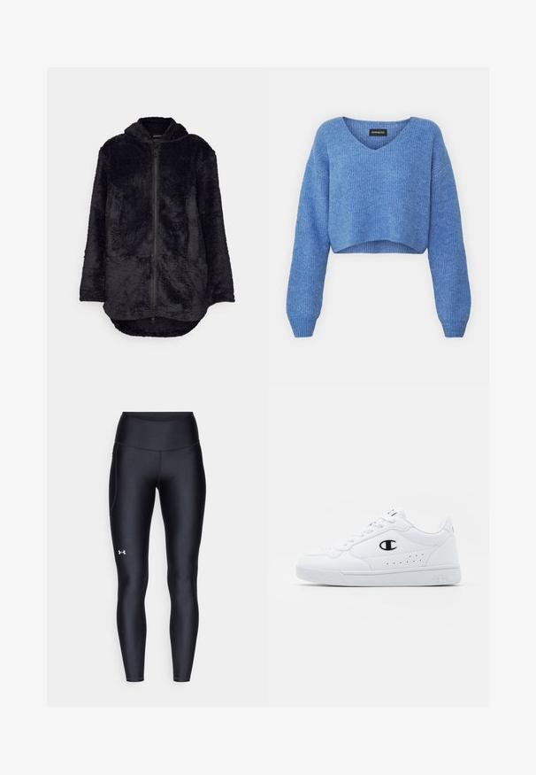 Fekete polárdzseki cipzárral elöl, kapucnival és két elülső zsebbel. Puha, textúrált felülettel és megnyújtott hátsó szegéllyel rendelkezik.; Kék, v-kivágású, rovidített pulóver, bordázott textúrával és hosszú ujjakkal. Puha anyagból készült. Címke: even&odd.; Fekete leggings sima, rugalmas anyagból, magas derékkal. Bal combján fehér logó található, és testhezálló kialakítású.; Fehér sportcipők sima, szintetikus felsőrésszel, fekete logóval és perforált részletekkel az oldalon. Gumi talp.