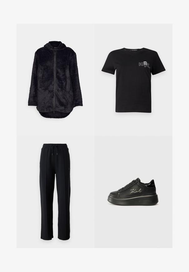 Fekete polárdzseki cipzárral elöl, kapucnival és két elülső zsebbel. Puha, textúrált felülettel és megnyújtott hátsó szegéllyel rendelkezik.; Fekete, rövid ujjú póló pamutból. Fehér grafikával rendelkezik, amelyen a "KARL" felirat és egy stilizált figura látható a mellkason. Kerek nyakkivágással.; Fekete melegítőnadrág laza szabással, rugalmas derékpánttal, állítható húzózsinórral és függőleges varrásokkal a lábak mentén. Puha szövet textúra.; Fekete platform sportcipők, amelyek sima bőr felsőrésszel, lapos fűzőkkel és hímezett "Karl" logóval rendelkeznek az oldalukon. Kerek orrúak és vastag talpúak.