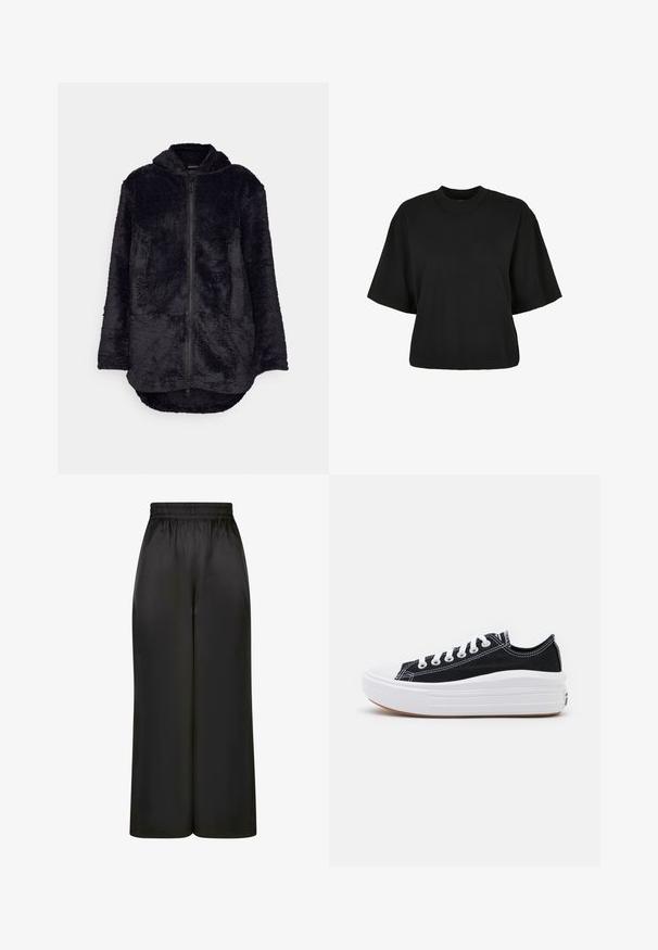 Jachetă din fleece neagră, cu fermoar frontal, glugă și două buzunare frontale. Prezintă o suprafață moale, texturată și un tiv posterior prelungit.; Tricou scurt, negru, din bumbac. Are mâneci scurte și un decolteu rotund. Textură netedă cu un design simplu, fără modele adiționale.; Pantaloni negri cu picioare largi, fabricați dintr-un material neted și lucios, cu un elastic la talie și fără buzunare vizibile sau detalii metalice.; Adidași negri din pânză cu șireturi albe, vârf alb din cauciuc și o talpă medie groasă albă. Prezintă cusături subtile albe și o talpă din cauciuc.