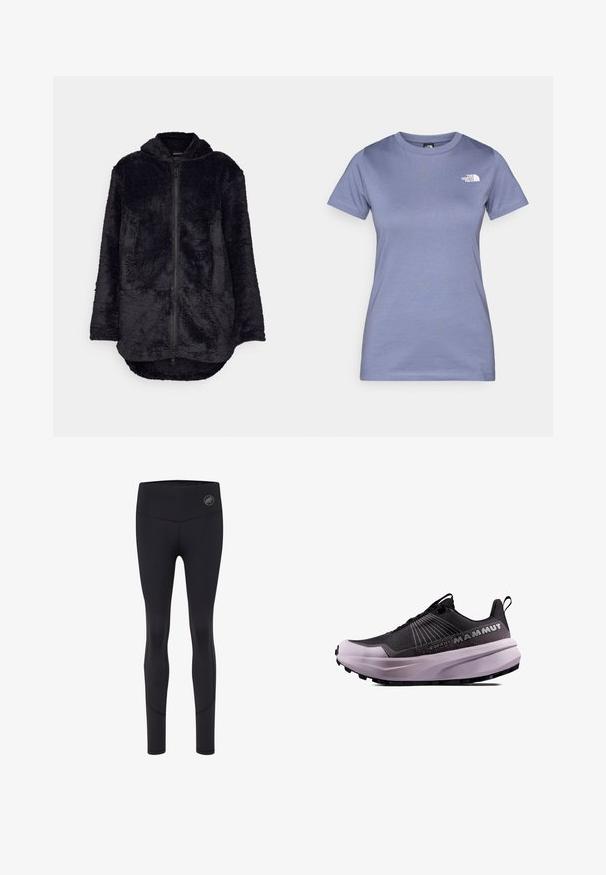 Giacca in pile nera con zip frontale, cappuccio e due tasche anteriori. Presenta una superficie morbida e testurizzata e un orlo posteriore allungato.; T-shirt a maniche corte di colore viola chiaro, realizzato in cotone, con scollatura rotonda e un piccolo logo bianco sul petto. Texture liscia.; Leggings neri sportivi con vita alta, dotati di un logo sul davanti, texture liscia e design aderente.; Scarpa da trail running nera e viola con tomaia texturizzata, suola ammortizzata e logo prominente. Presenta un design con lacci e battistrada resistente.