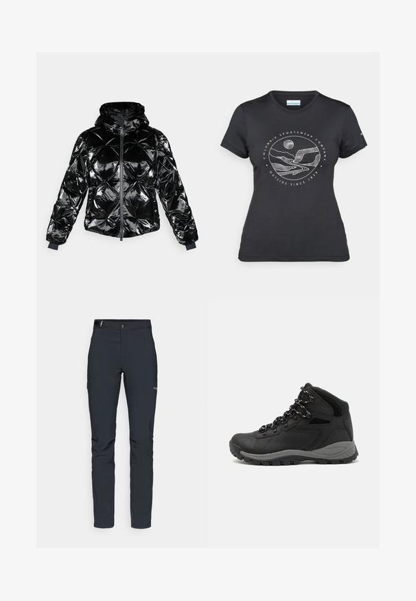 Μαύρο φουσκωτό μπουφάν με γυαλιστερή, ραμμένη επιφάνεια, κουκούλα, φερμουάρ μπροστά και ελαστικά μανίκια. Διαθέτει γεωμετρικά μοτίβα ραφής.; Μαύρο μπλουζάκι Columbia με λευκή κυκλική γραφική τέχνη βουνού και ποταμού και κείμενο "Columbia Sportswear Company Έξω από το 1938."; Ανδρικά παντελόνια εξωτερικών δραστηριοτήτων, σκούρο γκρι, φτιαγμένα από ευέλικτο υλικό, με ζώνη, τσέπες με φερμουάρ και ενισχυμένες ραφές.; Μαύρο ορειβατικό μποτάκι με μεσαίο ύψος, διαθέτει υφή στην επάνω επιφάνεια, γκρι λεπτομέρειες και ανθεκτική καουτσούκ σόλα με αυλάκια πρόσφυσης.
