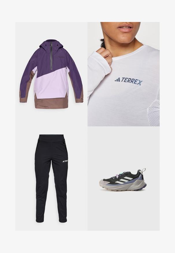 Mályva és világoslila széldzseki fél cipzárral, állítható kapucnival és barna aljjal. Geometrikus színblokkolással és logó részlettel rendelkezik.; Fehér, hosszú ujjú ing, kék "TERREX" logóval. Az anyag könnyű, texturált hálós díszítésekkel a vállakon.; Fekete sportnadrág sima anyagból, testhezálló fazonnal, cipzáras zsebekkel és texturált alsó résszel. Az elején logó nyomtatva.; Fekete sportcipő Gore-Tex felsőrésszel, fehér csíkokkal, lila részletekkel, vastag szürke középtalppal és textúrált szürke talppal a tapadásért.