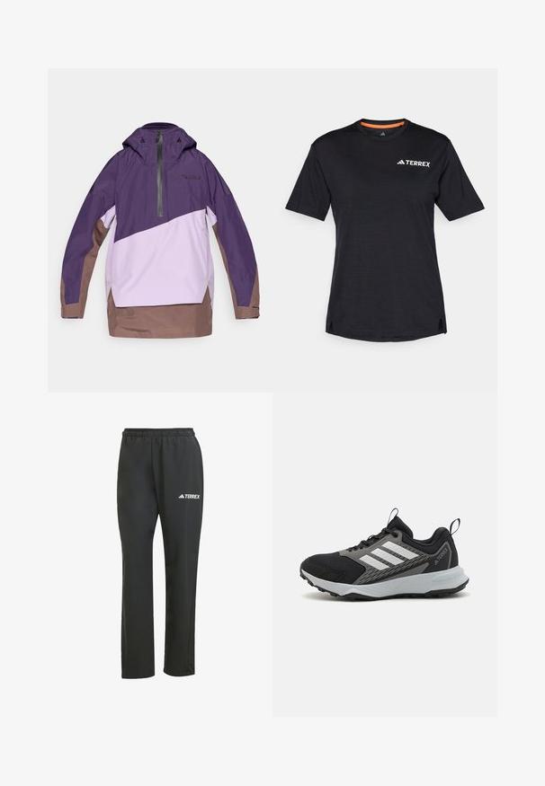 Fialový a světle levandulový větrník s částečným zipem, nastavitelnou kapucí a hnědým lemem. Obsahuje geometrické blokování barev a detail loga.; Černé tričko s krátkým rukávem a kulatým výstřihem, s jemnou melanžovou strukturou a bílým logem "TERREX" na levé horní straně.; Černé lehké kalhoty s elastickým pasem. Obsahují jemné bílé logo "TERREX". Hladká tkanina a rovný střih.; Černá sportovní bota s šedými akcenty, s texturovaným síťovaným svrchním materiálem, třemi bílými pruhy a gumovou podešví pro lepší trakci.