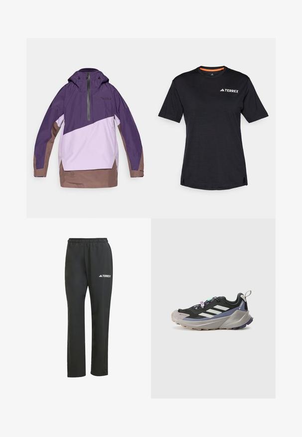 Fialový a světle levandulový větrník s částečným zipem, nastavitelnou kapucí a hnědým lemem. Obsahuje geometrické blokování barev a detail loga.; Černé tričko s krátkým rukávem a kulatým výstřihem, s jemnou melanžovou strukturou a bílým logem "TERREX" na levé horní straně.; Černé lehké kalhoty s elastickým pasem. Obsahují jemné bílé logo "TERREX". Hladká tkanina a rovný střih.; Černá sportovní bota s Gore-Tex svrchním materiálem, bílými pruhy, fialovými akcenty, silnou šedou mezipodešví a texturovanou šedou podešví pro lepší přilnavost.