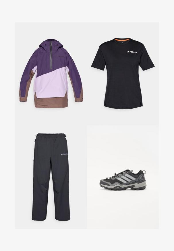 Lilla ja hele lavendli tuulejope, millel on pool-zip, reguleeritav kapuuts ja pruun ääreosa. Omab geomeetrilist värviblokeerimist ja logokujundust.; Must t-särk lühikeste varrukatega, ümmarguse kaelusega, millel on peen heather struktuur ja valge "TERREX" logo vasakul ülanurgas.; Mustajad, kerged väljakäimise püksid elastse vöökoha, küljetaskute ja logoga paremal ülemisel jalal. Sile veekindel kangas.; Mustalased ja hallid matkajalanõud tekstuurse pinnaga, kummist tald ning kolm silmapaistvat halli triipu küljel; varustatud kiire paelumise süsteemiga.