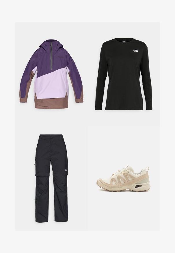 Ljubičasti i svijetlo lavanda bundica s polu-zipom, podesivim kapuljačom i smešnim obrubom. Ima geometrijsko blokiranje boja i detalj s logotipom.; Crni dugih rukava majica od pamuka s okruglim izrezom. Ima mali bijeli logo na lijevoj strani prsnog područja. Jednostavan dizajn i kroj.; Crne najlon hlače s munjevim zatvaranjem, odvojive cargo hlače s podesivim manžetama, brojnim džepovima i logom na desnoj nozi. Glatka, lagana tekstura.; Bež i kremasti sportski tenisice s teksturiranim mrežastim gornjim dijelom, potpornih preklopa i gumeni potplat s uzorcima za prianjanje.