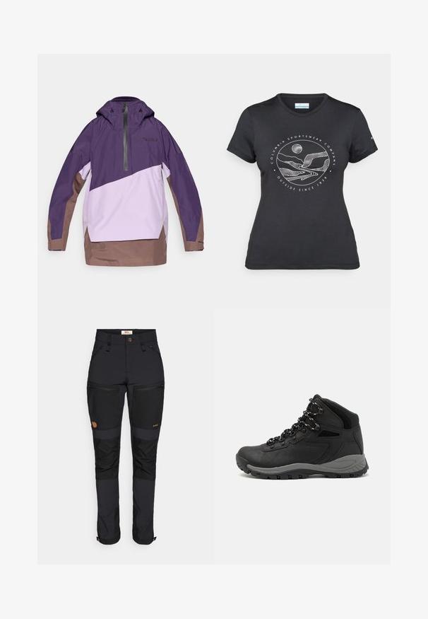 Fialový a světle levandulový větrník s částečným zipem, nastavitelnou kapucí a hnědým lemem. Obsahuje geometrické blokování barev a detail loga.; Černé tričko Columbia s bílým kruhovým uměleckým ztvárněním hor a řeky a textem "Columbia Sportswear Company Outside Since 1938."; Fjällräven KEB AGILE TROUSERS - Outdoorové kalhoty - black; Černé turistické boty s mírně vyšším střihem, které mají texturovaný svršek, šedé detaily a odolnou gumovou podrážku s trakčními výstupky.