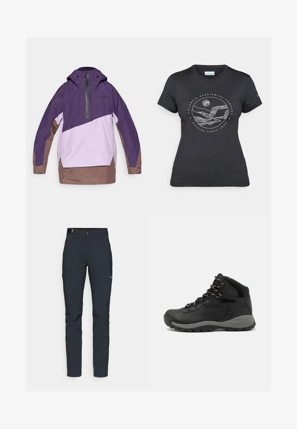 Ljubičasti i svijetlo lavanda bundica s polu-zipom, podesivim kapuljačom i smešnim obrubom. Ima geometrijsko blokiranje boja i detalj s logotipom.; Crna Columbia majica s bijelim kružnim crtežom planine i rijeke te natpisom "Columbia Sportswear Company Outside Since 1938."; Muške outdoor hlače, tamno sive boje, izrađene od fleksibilnog materijala, s remenom, džepovima na patentni zatvarač i ojačanim šavovima.; Crne planinarske čizme s dizajnom srednjeg vrha, sa teksturiranim gornjim dijelom, sivim akcentima i izdržljivom gumom potplatom s uzorkom za prianjanje.
