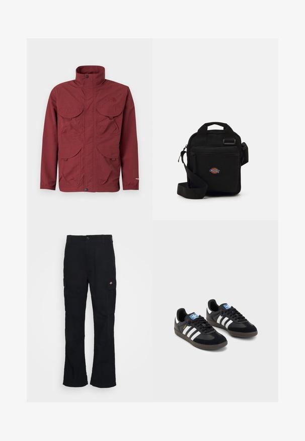 Burgunder utendørsjakke med to store klaftpokker, høy krage og elastiske mansjetter. Laget av slitesterkt stoff, minimalistisk design.; Hvit bomull t-skjorte med korte ermer, med et flerfarget grafisk trykk av en fotballhjelm og teksten "1972 VERDENSMESTERE."; Svarte cargo bukser med rett ben-design, laget av slitesterk stoff, med sidelommer og et patch-logo på venstre side.; Svarte sneakers med overdel i semsket lær og syntetisk materiale, med tre hvite striper, strukturert gummisåle og blå logoetikett på tungen.; Svart crossover-veske med en glidelåslomme, rektangulær form, laget av stoff, med et logo-påbud på forsiden, justerbar skulderrem.