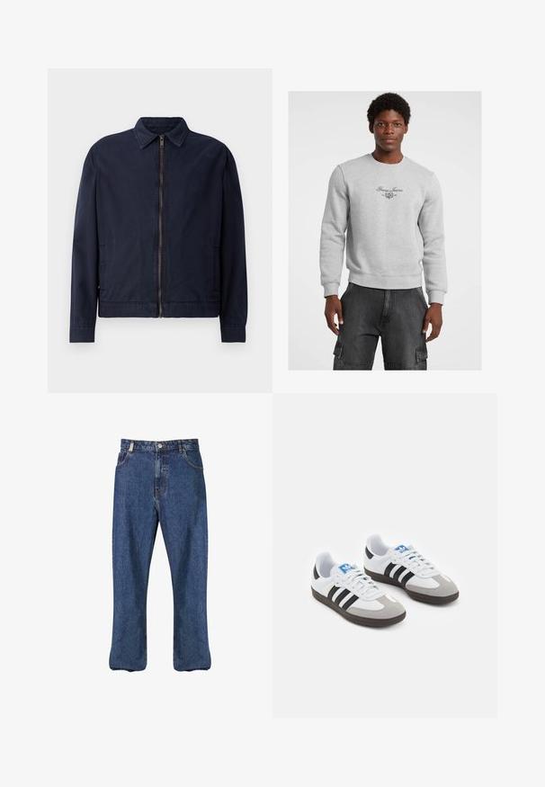 Kavna mornarsko modra jakna z klasičnim ovratnikom, sprednjim zadrgo, dvema stranskima žepoma in gladko, lahko teksturo tkanine.; Siv sweatshirt s kroja ovratnika, rebrastim manžetama i donjem rubu. Ima logo in emblem "Guess Jeans" v črni barvi na prsih. V kombinaciji s temnimi cargo hlačami.; Jeans iz džinsa v temno modri barvi, s straight-leg dizajnom, klasičnim pet-pocket stilom in vidnim šivom vzdolž šivov.; Športni čevlji z belim usnjenim zgornjim delom, sivim semišem na prstih in tremi črnimi črtami. Imajo modro logo na jeziku in teksturiran gumijast podplat.