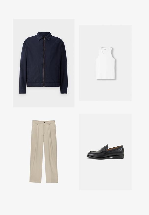 Mornarsko plava jakna s klasičnom ovratnikom, prednjim patentnim zatvaračem, dva bočna džepa i glatkom, laganom teksturom tkanine.; Bijeli pamučni majica bez rukava s okruglim izrezom, širokim naramenicama i ravnim rubom, s glatkom teksturom i bez vidljivih uzoraka.; Bež hlače ravnog kroja s jednim crnim gumbom, petljama za remen i bočnim džepovima. Glatka tekstura tkanine i minimalistički dizajn.; Crne kožne loferice s glatkom površinom, zaobljenim vrhom i dekorativnim šavom na gornjem dijelu. Nizak potplat s malim potpeticama i blagi sjaj.
