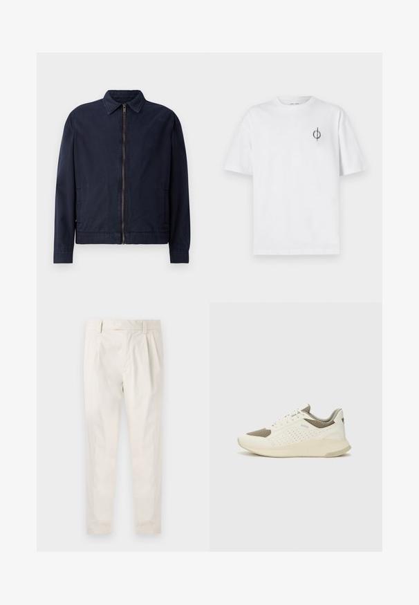 Chaqueta azul marino con cuello clásico, cierre frontal de cremallera, dos bolsillos laterales y una textura de tela suave y ligera.; Camiseta de algodón blanca con un corte relajado, con un pequeño logotipo gráfico negro en el área del pecho izquierdo. Mangas cortas, estilo cuello redondo.; Pantalones blancos plisados con un ajuste entallado, que presentan una textura suave, pasadores para el cinturón y piernas ajustadas. Sin bolsillos visibles ni patrones.; Zapatilla deportiva en blanco y beige claro, con parte superior de malla, detalles perforados y una mediasuela texturizada con la marca en el talón.