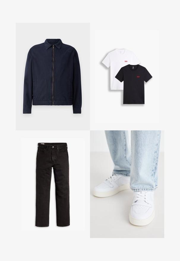 Tamsiai mėlynas švarkas su klasikiniais apykaklėmis, priekyje su užtrauktuku, dviem šoninėmis kišenėmis ir lygiu, lengvu audiniu.; Du mieli trumpi rankoviai marškiniai: vieni balti, kiti juodi. Abu pagaminti iš medvilnės, su raudona Levi's logotipu ant krūtinės. Paprastas apvalaus kaklo dizainas.; Juodos tiesios kojų džinsinės kelnės su penkiomis kišenėmis, mygtuko užsegimu ir diržo kilpomis, išdėstytos plokščiai ant balto fono.; Balti odiniai žemi modeliai kedai su perforuota nosimi, plokščiomis raištelėmis ir minimalistiniu dizainu. Suderinti su šviesiai mėlynomis džinsinėmis kelnėmis.