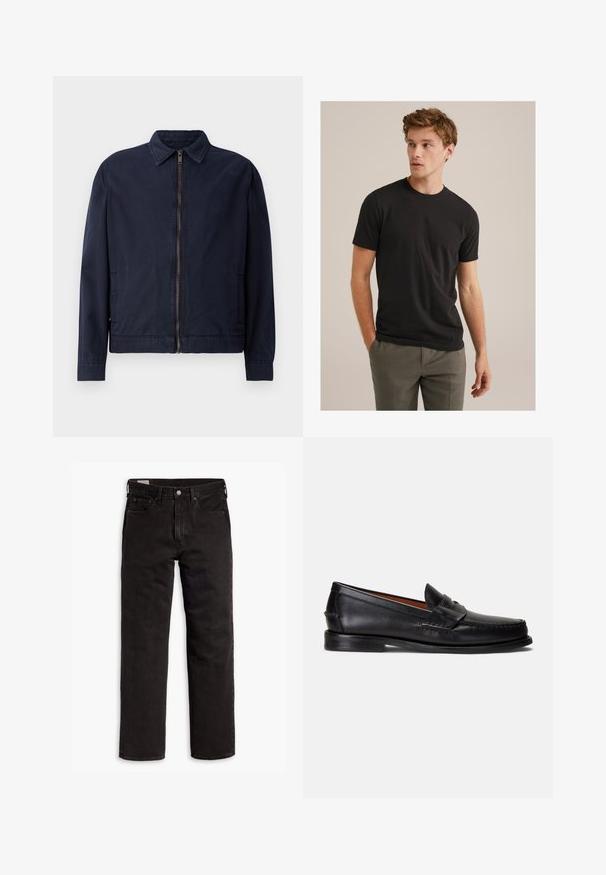Tengerészsötétkék dzseki klasszikus gallérral, elöl cipzárral záródik, két oldalzsebbel és sima, könnyű textúrával.; Fiatal férfi göndör világosbarna hajjal, fekete rövid ujjú pólót és szürke nadrágot viselve, balra néz, kezét a zsebében tartva.; Fekete egyenes szárú farmernadrág öt zsebbel, gombos záródással és övhurkokkal, fehér háttéren elhelyezve.; Fekete bőrből készült mokaszinok sima felülettel, lekerekített orral és díszítő szalaggal a felsőrészén. Alacsony fekete talppal rendelkeznek.