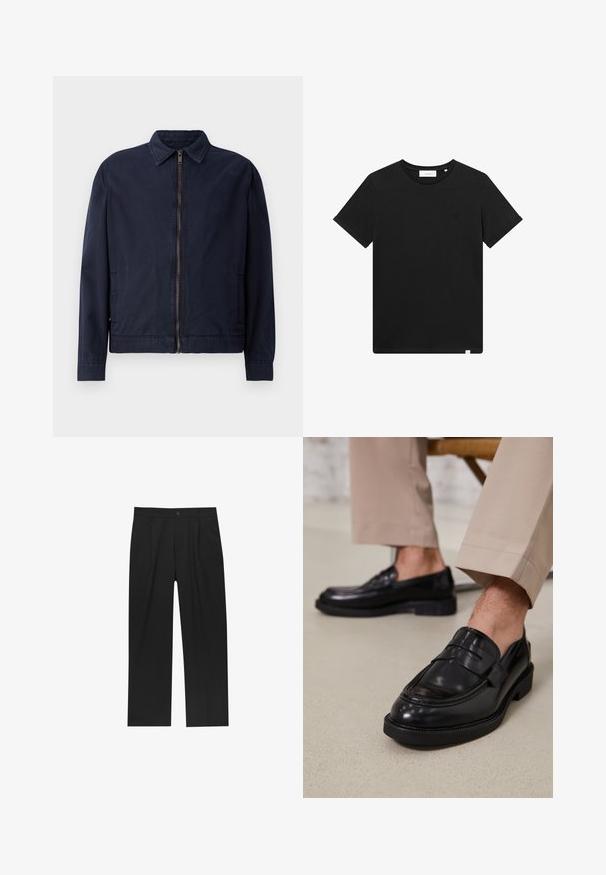 Tengerészsötétkék dzseki klasszikus gallérral, elöl cipzárral záródik, két oldalzsebbel és sima, könnyű textúrával.; Fekete rövid ujjú pamut póló, kerek nyakkal és egy kis géppel hímzett logóval a mellrészen. Sima tapintás, szabványos illeszkedés.; Fekete nadrág egyenes szárú kialakítással, sima anyagból készült. Elöl redők és egy gombos záródás található a derékon.; Fekete bőr loaferek sima felülettel, díszítő pánttal és kontrasztos varrással, bézs nadrággal párosítva.