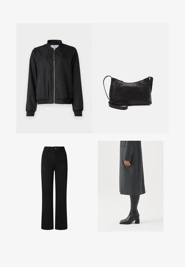 Čierna bomber bunda so zipsom vpredu, zaobleným golierom, elastickými manžetami a pásom. Vyrobená z hladkej látky s bočnými vreckami.; Súprava dvoch dlhých rukávov v bielej a čiernej farbe. Žebrovaná textúra, okrúhly výstrih, priliehavý strih s mierne rozšírenými rukávmi.; Čierne, vysoko pásové nohavice so strihom rovného nohu, vyrobené z hladkej bavlnenej tkaniny. Obsahujú predné vrecká a jednoduché kovové zapínanie.; Sivý, strihovo upravený kabát so rovnými líniami; doplnený o čierne kožené čižmy po kolená s štvorcovou špičkou a robustným podpätkom.; Čierna kožená ramenná taška s hladkou textúrou, zakriveným tvarom, nastaviteľným popruhom a zipsom. Minimalistický dizajn bez ozdôb.