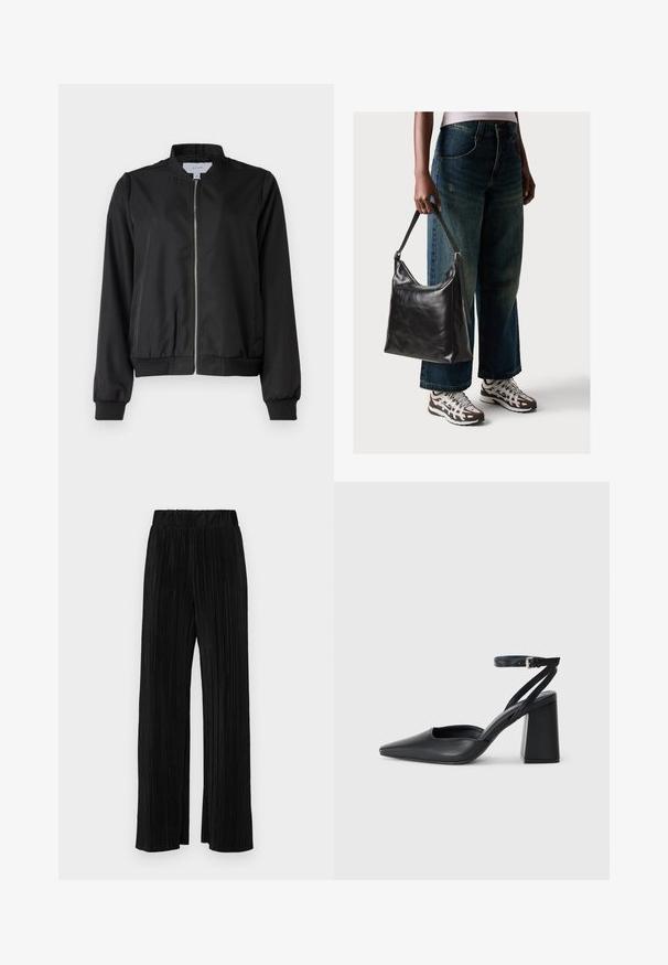 Svart bomberjakke med glidelås foran, rund krage, elastiske mansjetter og midjebånd. Laget av glatt stoff med sidelommer.; Svart bomull T-skjorte med korte ermer, rund hals, og kontrastføttinger i hvitt ved ermene. Bløt tekstur, avslappet passform.; Sorte plisserte bukser med elastisk midje. Har vide ben og et glatt, strukturert stoff med vertikale striper.; Svart lær pumps med spiss tå, ankelrem og kraftig hæl. Flat tekstur, strømlinjeformet design og minimalisme.; Sort skinnveske med en glatt tekstur og justerbar stropp, kombinert med falmede vide jeans og atletiske sneakers.