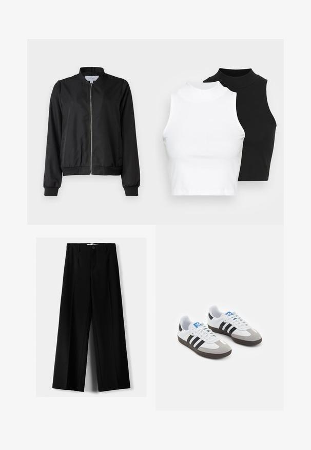 Černá bomber bunda se zipem vpředu, kulatým límcem, elastickými manžetami a pasem. Vyrobena z hladké látky s bočními kapsami.; Dvě bezrukávové halenky s ribovým stojáčkem v černé a bílé barvě, které mají přiléhavý střih a hladkou texturu, s krácenou délkou.; Černé široké kalhoty z lehkého materiálu s předním zapínáním na knoflík a hladkým předním dílem, s pečlivě přišitými lemy.; Sportovní boty s bílým koženým svrškem, šedou semišovou špičkou a třemi černými pruhy. Obsahují modré logo na jazyku a texturovanou gumovou podrážku.