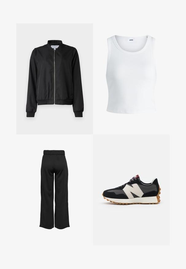 Czarna kurtka bombowiec z zapięciem na zamek z przodu, okrągłym kołnierzem, elastycznymi mankietami i pasem. Wykonana z gładkiego materiału, z kieszeniami bocznymi.; Biały prążkowany top na ramiączkach z okrągłym dekoltem, bez rękawów i skróconej długości. Metka z napisem "JJXX." Gładka faktura materiału.; Czarne, szerokie spodnie z elastycznym pasem, wykonane z gładkiego materiału. Charakteryzują się prostym wzornictwem, bez kieszeni i widocznych szwów.; Czarno-szare zamszowe sneakersy z dużym kremowym logo "N", purpurowymi sznurówkami i teksturowaną gumową podeszwą.