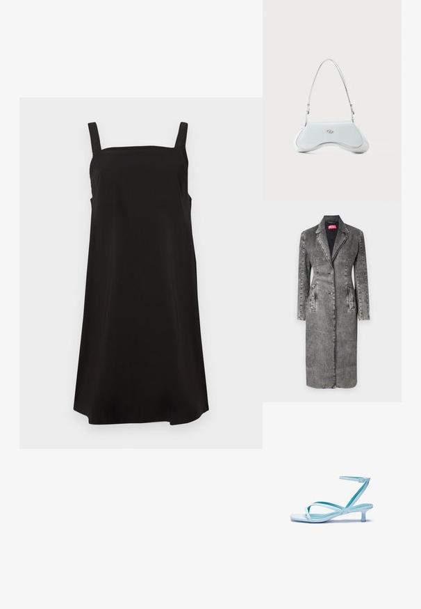 Abrigo de mezclilla en negro desgastado con una silueta ajustada, cuello con solapa, dos bolsillos delanteros y cierre de cinco botones. Detalle sutil de patrón vertical.; Vestido negro sin mangas con escote cuadrado, hecho de una tela suave, que presenta un corte suelto y recto. Sin patrones ni herrajes visibles.; Sandalia de tiras en azul claro con punta cuadrada, tacón bajo, correa de tobillo ajustable y acabado suave y brillante. Tiras cruzadas en la plantilla.; Bolso de hombro de piel sintética blanca con un diseño curvado, herrajes plateados y un sutil acento de logo en la parte frontal. Correa ajustable incluida.
