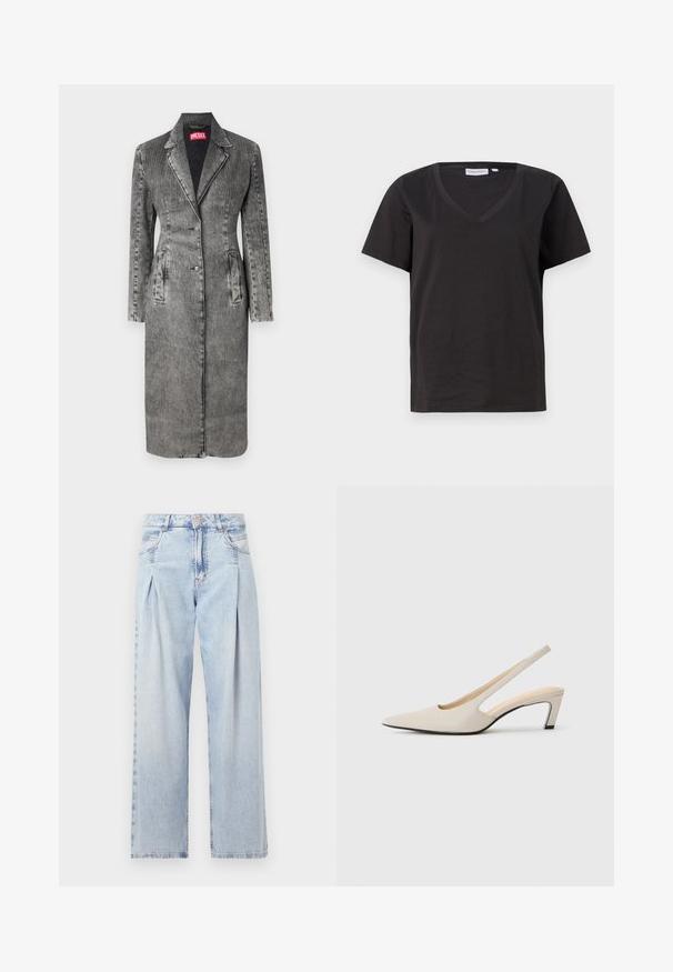 Kulunud must denimpintsel kuuega, mis on kitsas siluett, klapiga krae, kaks esikotti ja viie nööbiga sulgemine. Peen vertikaalne mustripind.; Must musta T-särk V-kaelusega ja lühikeste varrukatega. Lihtne disain, regulaarne istuvus, ilma mustrite ja aktsentideta.; Heledad sinise denimist valmistatud teksapüksid kõrge vöökohaga, laia jala lõikega, kahe külje taskuga ja pleedi disainiga. Pehme tekstuur ja pleekinud viimistlus.; Beige nahkast terava ninaga slingback kingad, millel on lõikekujundus, 5 cm plokknõlv ja sile tekstuur. Musta talla aktsendid.