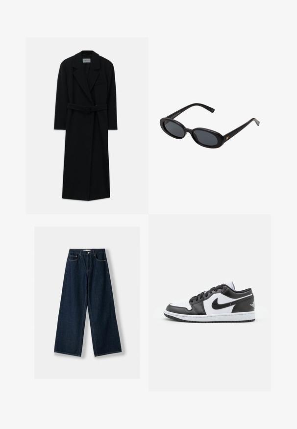 Sort bæltefrakke med store slag og lange ærmer. Har en enkelt lomme på brystet og en lige silhuet. Glat tekstur.; Cremefarvet turtleneck sweater lavet af blødt strikket stof. Har ribbede manchetter og kant, med en afslappet pasform og sænkede skuldre.; Mørkeblå, vide jeans lavet af denim. Har fem lommer, knap- og lynlås lukning samt kontrastsyning detaljer.; Sorte og hvide Nike lavtoppede sneakers har en glat læderoverdel, rund tå, snørelukning og en mønstret gummisål.; Store store; Mørkebrun skuldertaske i ruskind med justerbar rem, guldtonede beslag og en stor frontklaplukning.