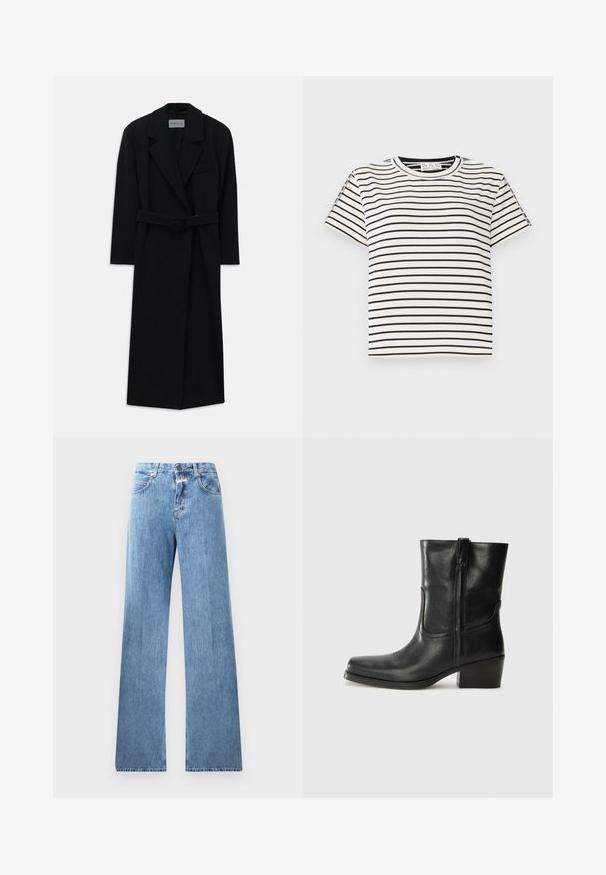Sort bæltefrakke med store slag og lange ærmer. Har en enkelt lomme på brystet og en lige silhuet. Glat tekstur.; Kortærmet T-shirt i bomuld med rund hals, med sorte lodrette striber på en hvid baggrund og lige snit design.; Lyseblå denim jeans med vid ben-design, fem lommer, bæltestropper og knaplukning. Stofmaterialet har en glat tekstur.; Sort læder ankelstøvle med rundt tå, blokhæl, lynlås i siden og stikninger på vampsiden. Glat tekstur, klassisk design.