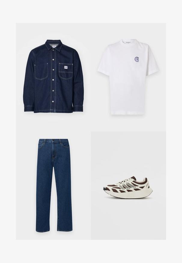 Granatowa koszula z denimu z wyraźnym kołnierzykiem, zapinana na guziki z dwoma kieszeniami na piersi i kontrastującymi szwami. Naszywka z logo Lee na kieszeni.; Biała bawełniana koszulka z krótkimi rękawami, okrągłym dekoltem i małym, niebieskim haftowanym logo "C" na lewej stronie klatki piersiowej.; Granatowe dżinsy prostego kroju z kieszeniami z przodu i zapięciem na guzik, zaprezentowane na jednolitym białym tle.; Brązowe i kremowe sneakersy z siateczkowym wierzchem, teksturowanymi nakładkami oraz zaokrągloną, grubą białą podeszwą. Wyposażone w niskoprofilowy język i sznurowadła.