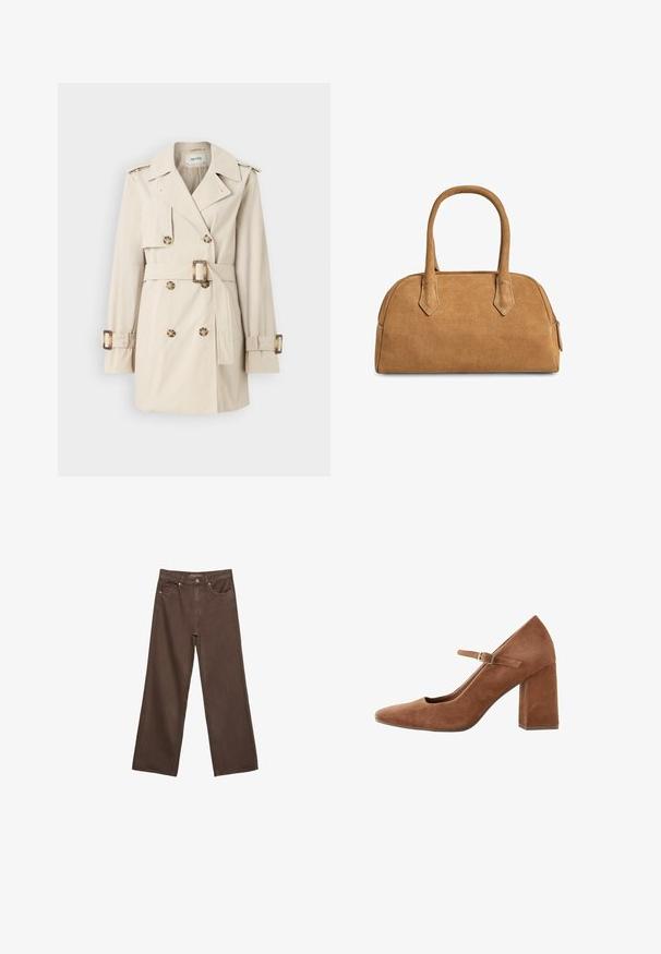 Beige trench coat med dobbeltknaplukning, bælte i taljen, skulderepauleter og manchetstropper. Glat stofstruktur.; Blød beige langærmet crewneck sweater med ribbede manchetter, kant og krave, præsenteret fladt på en hvid baggrund.; Bredde ben brun denim jeans med høj talje, forlommer og klassisk knaplukning. Glat tekstur med diskret syninger.; Brune ruskinds Mary Jane pumpe med spids tå, justerbar rem med spænde og blokhæl. Glat tekstur, klassisk design.; Tan ruskinds håndtaske med en struktureret form, der har to håndtag, trekantede udskæringer og en lynlås på toppen til lukning.