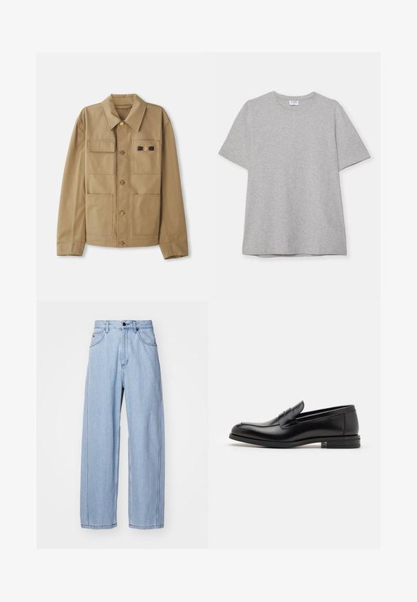 Smėlinis džemperis, pagamintas iš medvilnės, su smailiu apykakle, keturiomis kišenėmis, auksiniais mygtukais ir detale su juodu akcentu ant krūtinės.; Pilkas trumpas rankovėmis marškinėliai, pagaminti iš minkštos, tekstūruotos medžiagos. Turi klasikinį apvalų kaklą ir tiesų apatinį kraštą, tinkamą kasdieniam dėvėjimui.; Šviesiai mėlynų džinsų kelnės su plačiomis kojomis, su priekinėmis kišenėmis, užsegimu ant mygtuko ir išsamiai siuvinėtomis siūlėmis.; Juodos odinės loafers, turinčios lygų paviršių, apvalią noselę ir dekoratyvinę juostą per priekinę dalį. Žemas krentantis kulnas, minimalistinis dizainas.