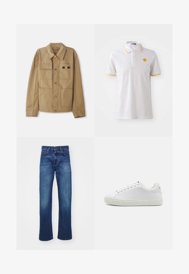 Kohvane puuvillane jakk, millel on terav krae, neli kotti, kuldsed nööbid ja musta esiletõstega detail rinnal.; Valge puuvillane polo särk kollaste triipudega kaeluses ja varrukatel, millel on rindkerel borduuritud logo.; Sinine teksariie sirge sääre disainiga, mis sisaldab esi-taskuid, vöökumme ja kerget pleekimist reitele. Vastupidav kangastekstuuri.}}; Valge tenniseki, millel on sile nahavöö, lamedad paelad ja mustriga kummitald, millel on geomeetriline disain. Küljes on peene logo aktsent.