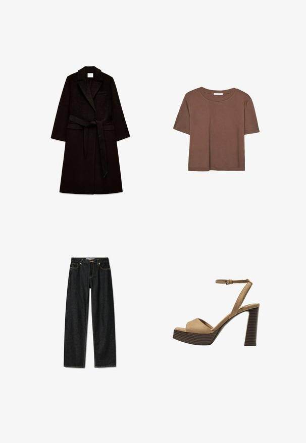 Schwarzer Wollmantel mit strukturierter Oberfläche, Reverskragen, langen Ärmeln und einem Gürtel in der Taille. Verfügt über eine Brusttasche und eine gerade Silhouette.; Braunes, kurzärmliges T-Shirt aus weichem Material mit rundem Halsausschnitt und lockerer Passform. Keine sichtbaren Muster oder Akzente.; Dunkelblaue Jeans mit geradem Schnitt, Messingknopfverschluss und kontrastierenden gelben Nähten. Verfügt über fünf Taschen und eine klassische Passform.; Beige Wildleder-Pumps mit hohem Absatz, breitem Vorderband und Knöchelriemen, ausgestattet mit einem klobigen Holzblockabsatz mit strukturiertem Finish.