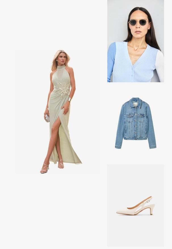 Šviesiai mėlyna džinsinė striukė su sidabro mygtukais, dviem krūtinės kišenėmis ir klasikiniais atlapais. Turi struktūruotą siūlę ir šiek tiek trumpesnį fasoną.; Mėtų žalios spalvos halter tipo suknelė su tinklelio detalėmis, puošniomis gėlių dekoracijomis, aukštu skeltu bei plazdančia medžiaga, derinama su sidabriniais aksesuarais.; Balti slingback kulniukai su smailiu pirštu, lygia viršutine medžiaga, žemu blokuotu kulnu ir šoniniu išpjovimu su reguliuojamu sagtimi.; Apskriti saulės akiniai su tamsiais objektyvais ir auksiniais rėmeliais. Modelis vilki šviesiai mėlyną, raukinį kardiganą su mygtukais ir kontrastingomis baltomis rankovėmis.; Michael Kors rankinė smėlio spalvos dengto kanvoje su pakartotiniu MK logotipo raštu, auksinėmis detalėmis ir nuimamu grandininiu dirželiu.