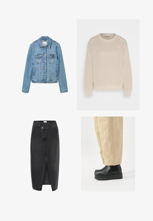 Giacca di jeans azzurro chiaro con bottoni argentati, due tasche sul petto e colletto classico. Presenta cuciture strutturate e una vestibilità leggermente cropped.; Anna Field Maglione - grey; Gonna midi in denim nero con spacco anteriore, vestibilità strutturata e classico design a cinque tasche. Presenta una chiusura con bottone e zip.; Stivali neri in pelle fino alla caviglia con punta arrotondata e suola platform. Abbinati a pantaloni beige a gamba larga, con dettagli di cucitura visibili.