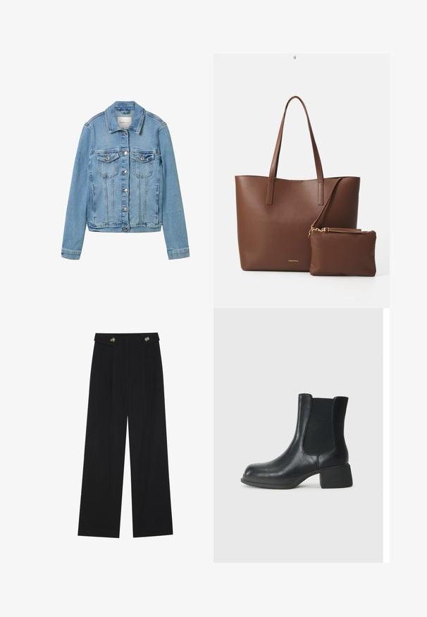 Lys blå denimjakke med sølvknapper, to brystlommer og klassisk krage. Har strukturerte sømmer og en lett cropped passform.; To svarte langermede skjorter med V-halsdesign, laget av mykt, elastisk stoff, viser jevn tekstur og en tettsittende fasong.; Svart vide bukser med høy midje, knappdetaljer på midjebåndet og frontplisser.; Sorte skinn ankle boots med elastiske sidepaneler, rund tå og en lav blokk hæl. Overflaten har en jevn tekstur og minimal detaljering.; Brun kunstlær toteveske med to lange håndtak og en matchende liten veske. Overflaten har et strukturert mønster og detaljer i gull.