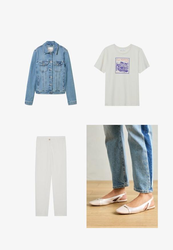 Chaqueta de mezclilla azul claro con botones plateados, dos bolsillos en el pecho y un cuello clásico. Presenta costuras estructuradas y un ajuste ligeramente corto.; Camiseta de algodón color crema con un gráfico en tonos púrpura y naranja de un hotel, enmarcado dentro de un borde con forma de sello. Mangas cortas, cuello redondo.; Pantalones blancos, ajustados, con un diseño de pierna recta, que cuentan con un cierre de botón, lazos para cinturón y bolsillos laterales; textura de tela suave.; Bailarinas de color rosa pálido con tiras traseras y punta puntiaguda, fabricadas con un material similar al cuero suave. Presentan detalles recortados en los laterales y un tacón plano.