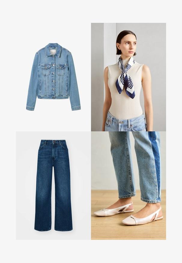 Lyseblå denimjakke med sølvknapper, to brystlommer og klassisk krave. Har strukturerede sømme og en let cropped pasform.; Off-white kortærmet T-shirt lavet af blødt, tekstureret stof med en rund halsudskæring og en afslappet pasform. Ingen logoer eller yderligere detaljer til stede.; Højtaljede, brede jeans i mørkeblå denim med en glat tekstur, kontrastsyninger og design med fem lommer. Lukning foran med knap.; Lyserøde slingback flade sko med spidse tær, lavet af et glat læderlignende materiale. Har udskæringsdetaljer på siderne og en flad hæl.; Silk tørklæde i marineblå og hvid med et geometrisk zigzag-mønster. Glat tekstur, bundet pænt om halsen, som supplerer en ribbet top.