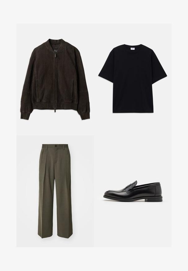 Donkerbruin bomberjack van een gestructureerde stof, met ribgebreide manchetten en zoom, een ritssluiting aan de voorkant en zijzakken.; Zwarte oversized T-shirt met korte mouwen en ronde hals, met zichtbaar Filippa K merkelabel aan de binnenkant van de kraag.; Filippa K WIDE TROUSERS - Broek - driftwood; Zwarte leren instappers met een gladde textuur, ronde neus en een decoratieve band over de wreef. Lage, gestapelde hak en minimalistisch ontwerp.