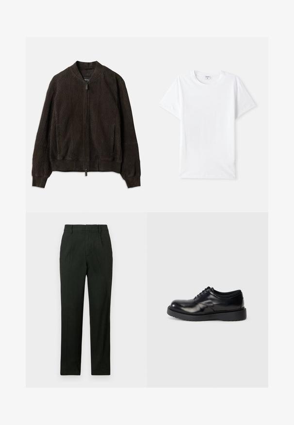 Sötétbarna bomberdzseki textúrált anyagból, bordás mandzsettákkal és szegéllyel, elöl cipzárral záródik, és oldalzsebekkel rendelkezik.; Fehér pamut póló, kerek nyakkivágású, rövid ujjú, sima textúrájú, minta és díszítés nélküli, egyszerű kialakítás, szabványos méret.; Fekete nadrág, egyenes szárú, lapos elejű és oldalzsebes kialakítással. Texturált anyagból készült, sima felületű.; Fekete bőr fűzős cipő lekerekített orral, sima felülettel és vastag gumitalppal, amely finom bordázattal rendelkezik a tapadás érdekében.