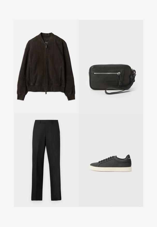 Tumši brūns bumbieru jakas ar teksturētu audumu, ribotām aprocēm un apakšmalu, priekšējo rāvējslēdzēja aizdari un sānu kabatām.; Melnā īsām piedurknēm T-kreklu ar apaļu kakla izgriezumu, uz kura uzdrukāts tonāls izšūts logotips "Emporio Armani Milano" priekšpusē. Gluda tekstūra.; Melnas, taisnas bikses no gludas auduma. Tām ir standarta jostasvieta, bez redzamiem rakstiem vai akcentsiem.; Melna ādas kedas ar zemu profilu, noapaļotu purngalu un savelkamu aizdari; ar teksturētu gumijas zoli un logotipa detaļu uz papēža.; Melnas ādas clutch soma ar teksturētu virsmu, priekšējo rāvējslēdzēja kabatu un noņemamu roku siksnu. Iekļauts logotipa uzlikums priekšpusē. Taisnstūra forma.