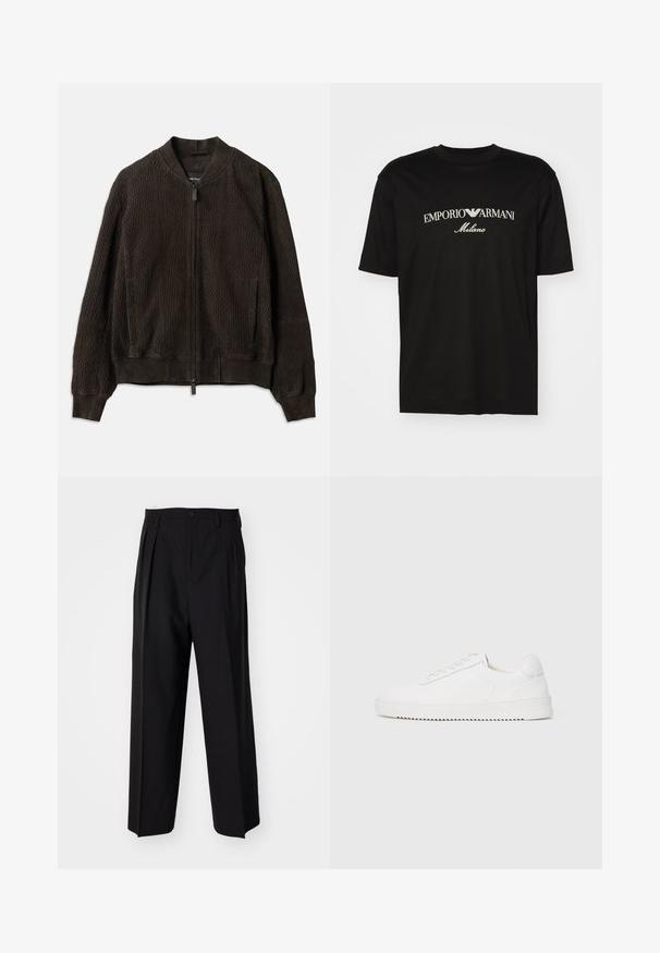 Tumepruun bomber-jakk tekstuuriga kangast, soonikkoes varrukate ja alläärega, ees tõmblukuga kinnitamine ja küljetaskud.; Must must T-särk, millel on ümmargune kaelus, lühikesed варст и väljend "EMPORIO ARMANI" valgete tähtedega, mille all on kõveras kujunduses sõna "Milano".; Mustad volditud püksid sirge ja laia säärega disainiga. Valmistatud siledast kangast, millel on nuppudega sulgemine ja vööaasad.; Valge jooksutoss, millel on siledast nahast ülemine osa, ümmargune nina, paelad, tekstuuriga küljeaktsendid ja paks kummitald. Minimalistlik disain.