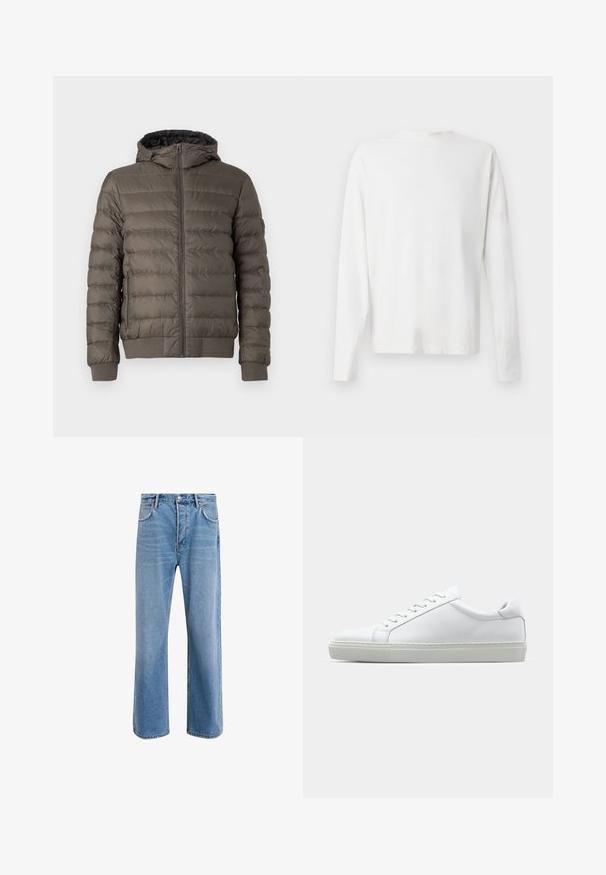 Chaqueta acolchada marrón con cremallera frontal, capucha fija, bolsillos laterales con cremallera y puños y dobladillo acanalados.; Camisa de algodón blanca de manga larga con cuello redondo, aberturas laterales en la parte inferior y una textura suave, exhibida desde la parte de atrás.; Jeans de mezclilla azul claro con un diseño de pierna recta, cinco bolsillos, cierre de botón, ligeramente desgastados y detalles de costura en contraste.; Zapatilla blanca con parte superior de cuero liso y perfil bajo. Presenta una puntera redondeada, seis ojales y una suela de goma texturizada.