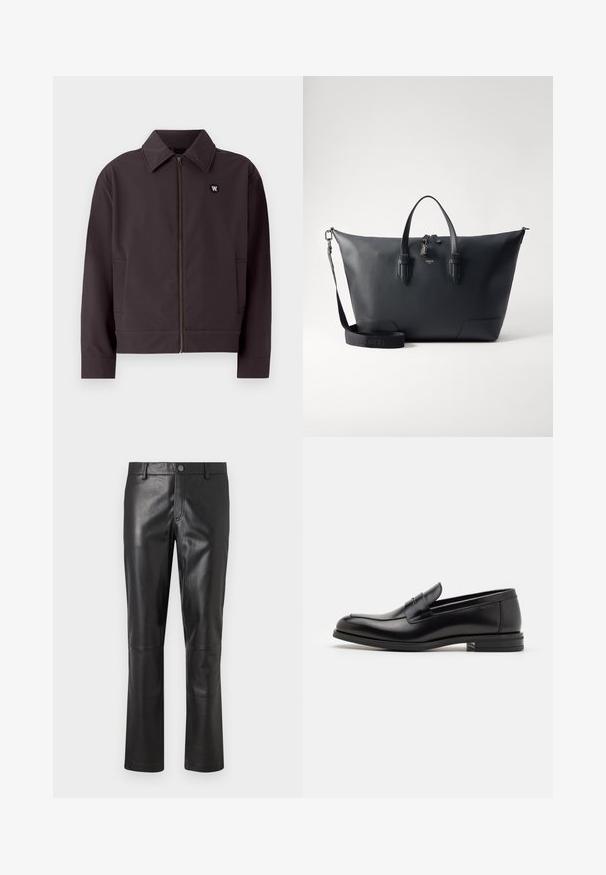 Tumši pelēks bumbieru jakas ar rāvējslēdzēju priekšā, nedaudz norādītu apkakli un sānu kabatām. Uz krūtīm ir apļveida melns logo. Gluda auduma struktūra.; Balta garām piedurknēm termo krekls ar ribotu tekstūru, apaļu izgriezumu un elastīgiem aproces galiem. Tīrs dizains bez rakstiem vai papildu akcentiem.; Melnas ādas bikses ar gludu tekstūru, taisniem griezumiem un smalkām šuvēm garam. Aprīkotas ar pogu aizdari jostasvietā.; Melnas ādas kurpes ar gludu tekstūru, noapaļu purngalu un dekoratīvu siksniņu pāri priekšpusei. Zems sakrauts papēdis, minimālisma dizains.; Lancel CHARLIE UNISEX - Portfelis - black