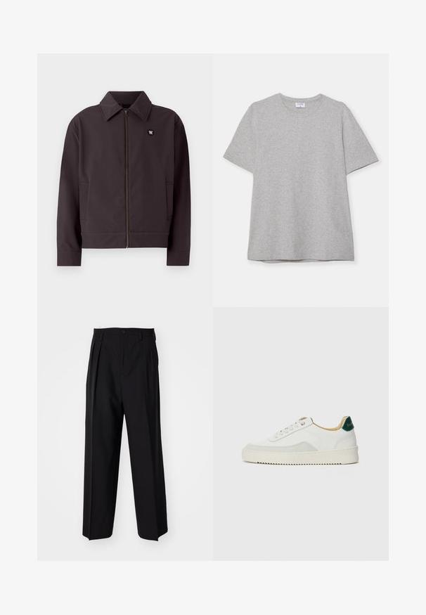 Tumši pelēks bumbieru jakas ar rāvējslēdzēju priekšā, nedaudz norādītu apkakli un sānu kabatām. Uz krūtīm ir apļveida melns logo. Gluda auduma struktūra.; Pelēks īsā piedurkņu T-krekls, kas izgatavots no mīkstas, teksturētas auduma. Tam ir klasiskā apļa kakla izgriezums un taisna apakšmalā, piemērots ikdienas valkāšanai.; Melnas plisētās bikses ar taisnu, plata kāja dizainu. Izgatavotas no gludas auduma, ar pogu aizdari un jostas cilpiņām.; Baltas sneakers ar zamša akcentiem, noapaļota purngala, plakaniem auklām un krēmkrāsas gumijas zoli. Ar zaļu zīmolu uz papēža.
